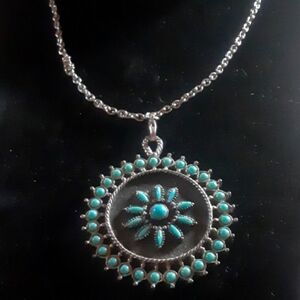 Silver Tone Necklace with Turquoise Pendant
